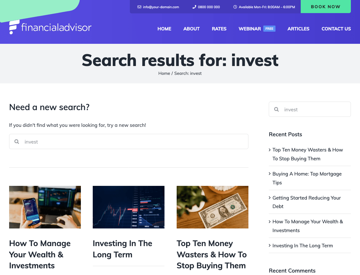 Screenshot of search in a custom theme