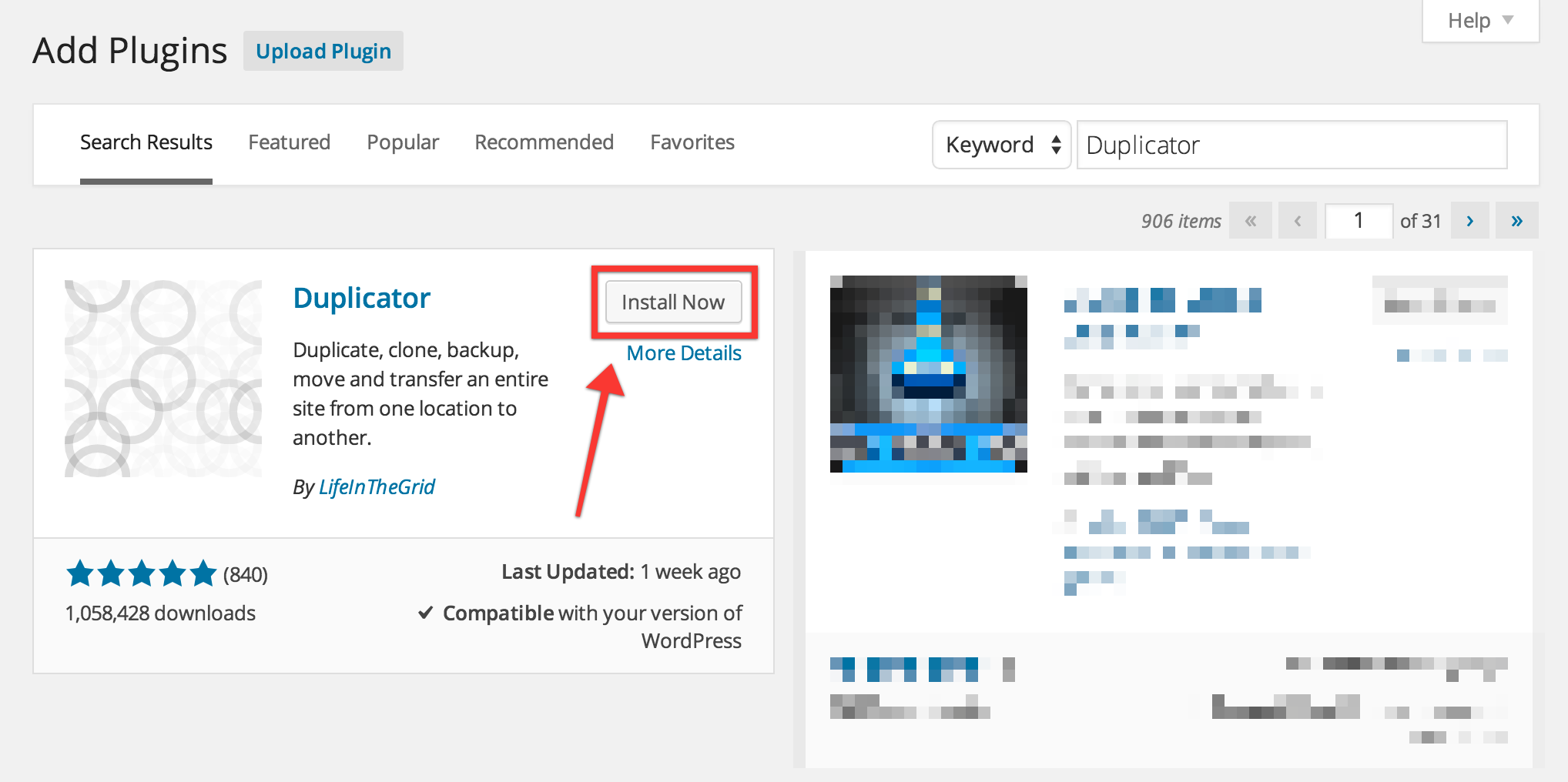 After finding the result for Duplicator, click Install Now