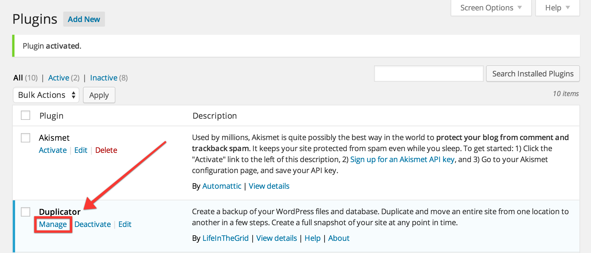 With Duplicator active, click the Manage link