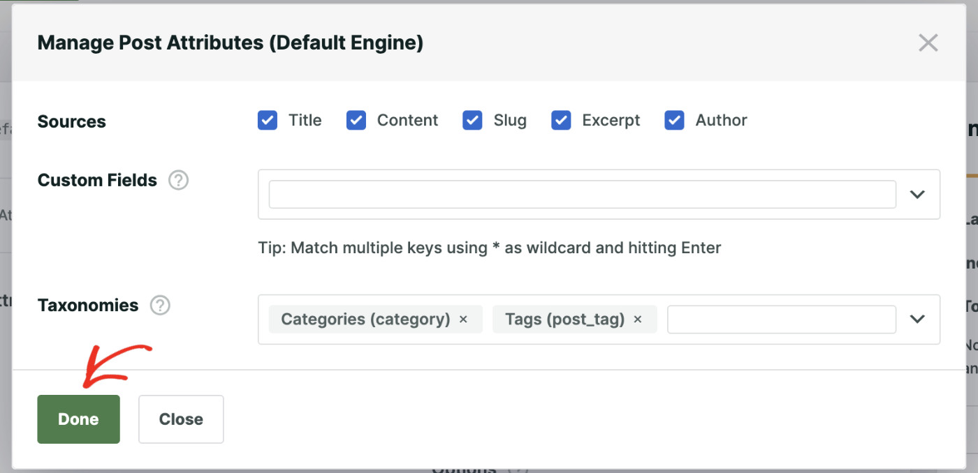 Config-engine-attribute-selection - SearchWP How To Make A Search Bar That Searches Your WordPress Site: Configure Search Engine Step 5