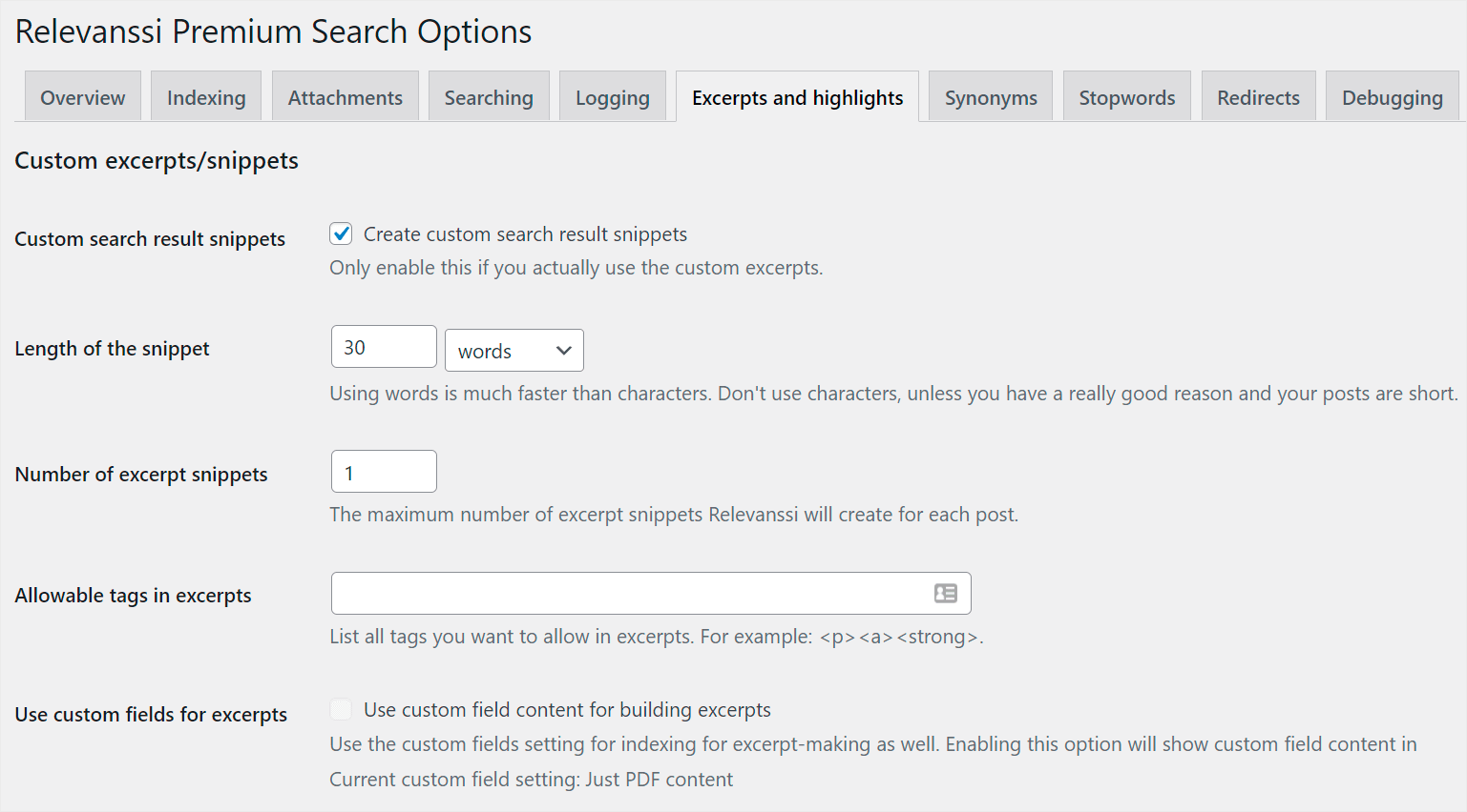 Relevanssi excerpts tab - SearchWP Relevanssi excerpts tab