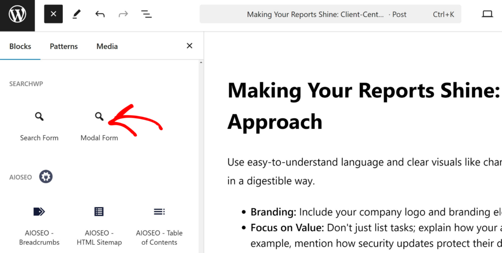 Add modal form block - SearchWP Add modal form block
