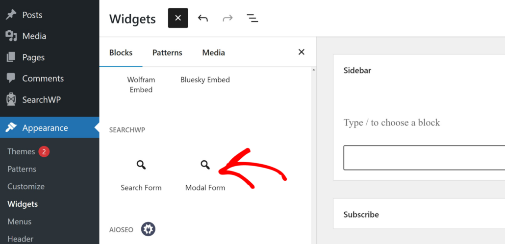Add modal form widget block - SearchWP Add modal form widget block