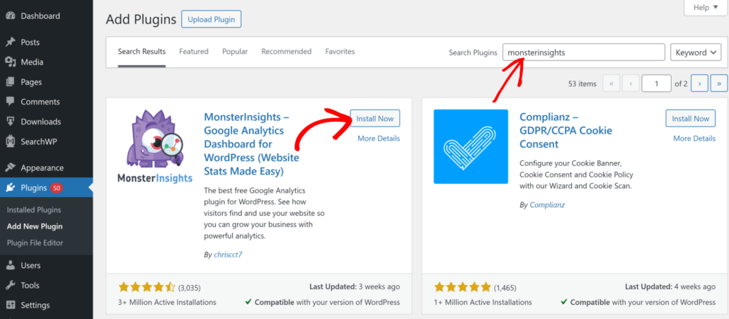 Add MonsterInsights plugin - SearchWP Add MonsterInsights plugin