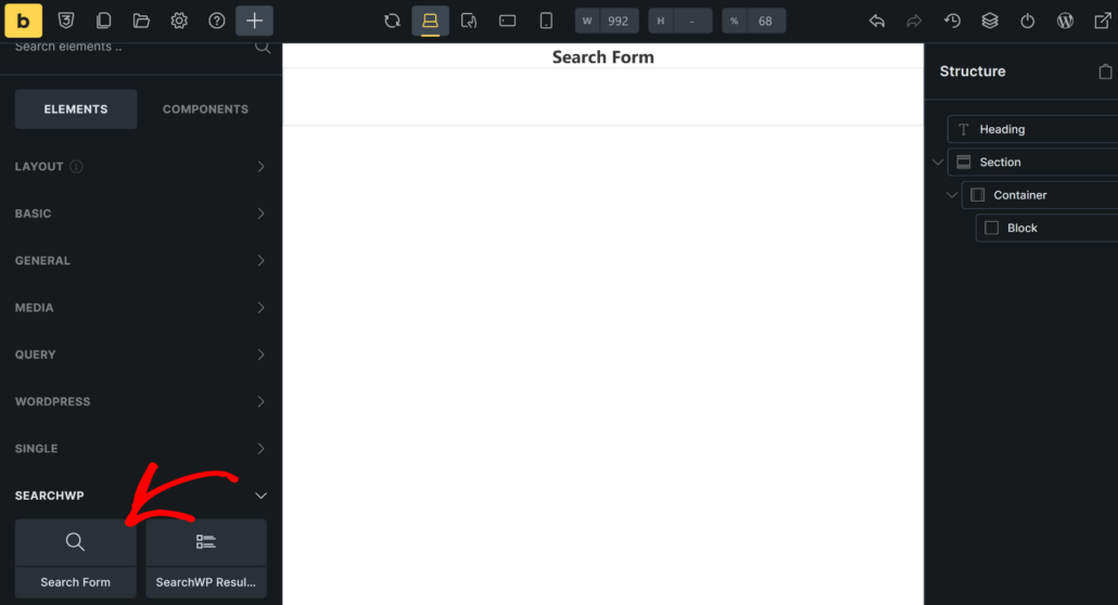 Add search form block in Bricks