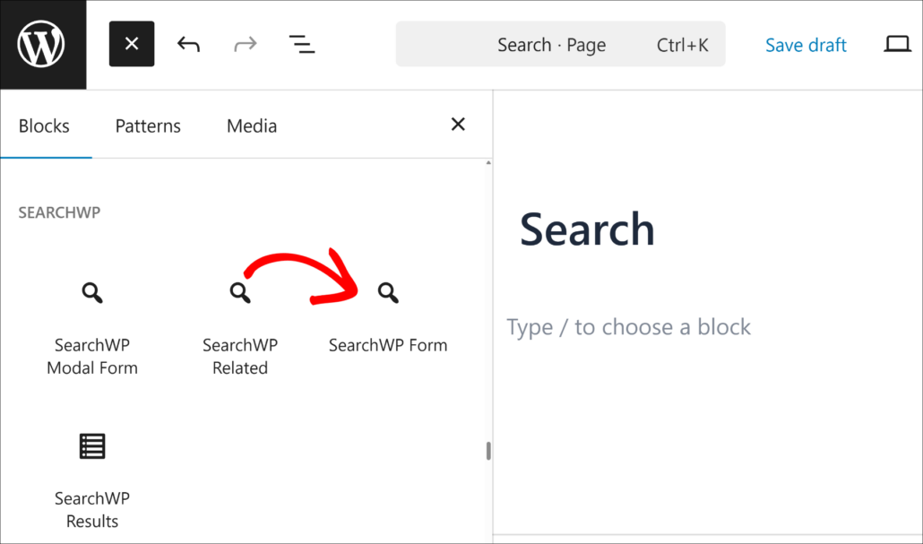 Aggiungi il blocco moduli SearchWP in WordPress - SearchWP Aggiungi il blocco moduli SearchWP in WordPress