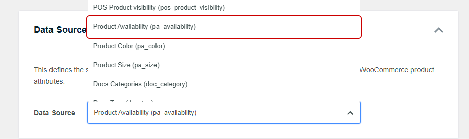 Dropdown of product data attributes with'Product Availability (pa_availability)' highlighted in red highlight.