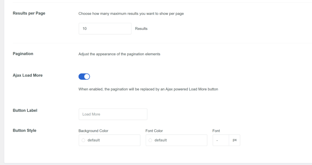 Change results per page and pagination settings