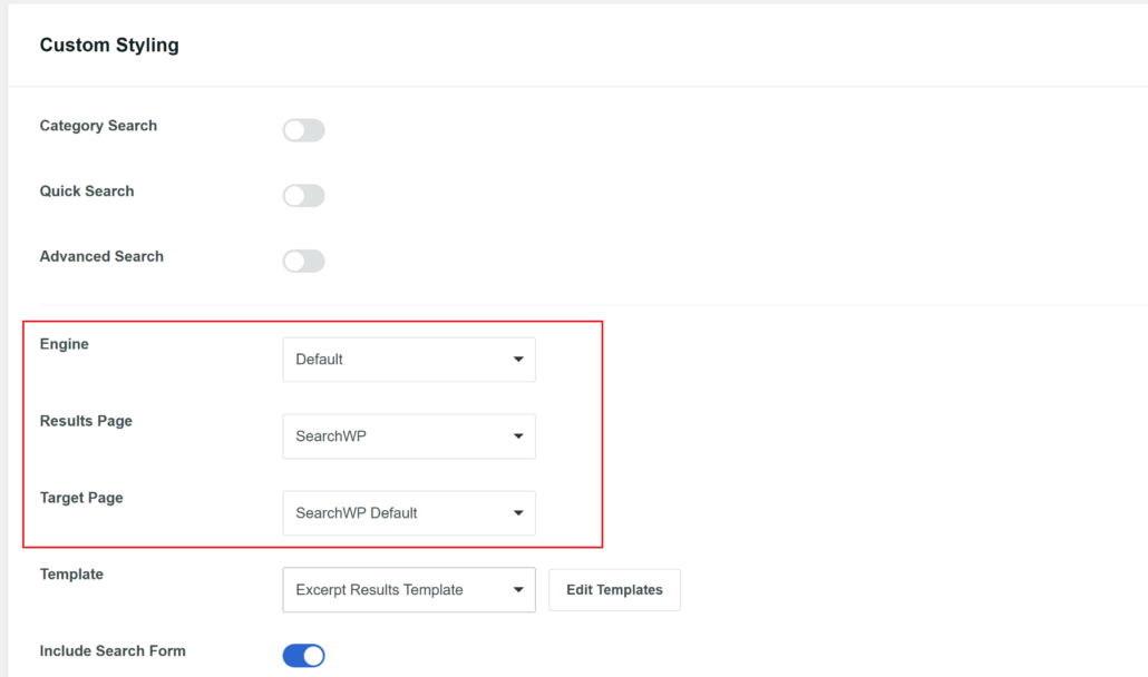 Change template and results page options