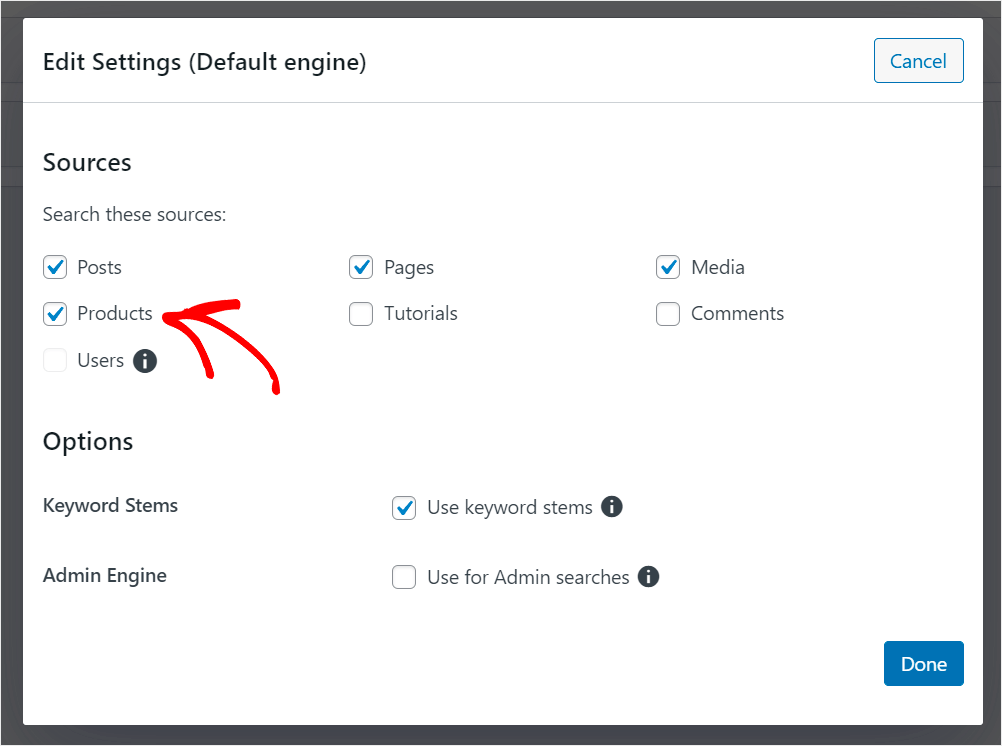 check the Products search source