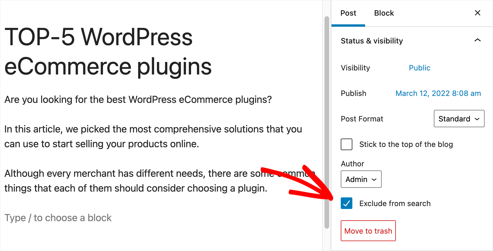 check the exclude from search checkbox