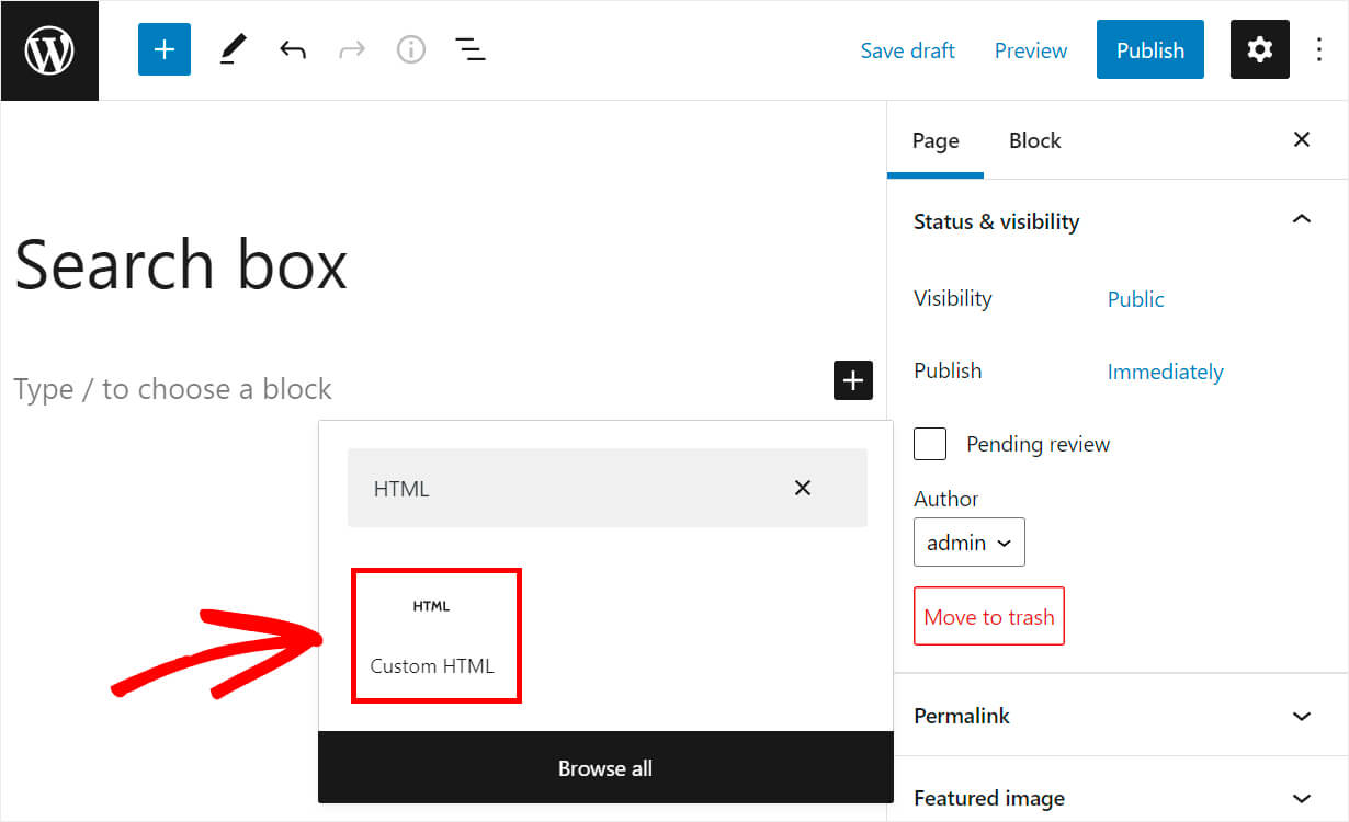 choose the custom html block - SearchWP choose the custom html block