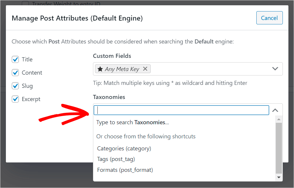 click on the Taxonomies field