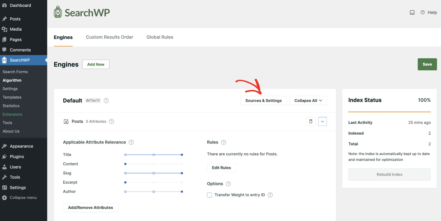 Screenshot - SearchWP How To Make Comments Searchable In WordPress: Configure Search Engine Step 1
