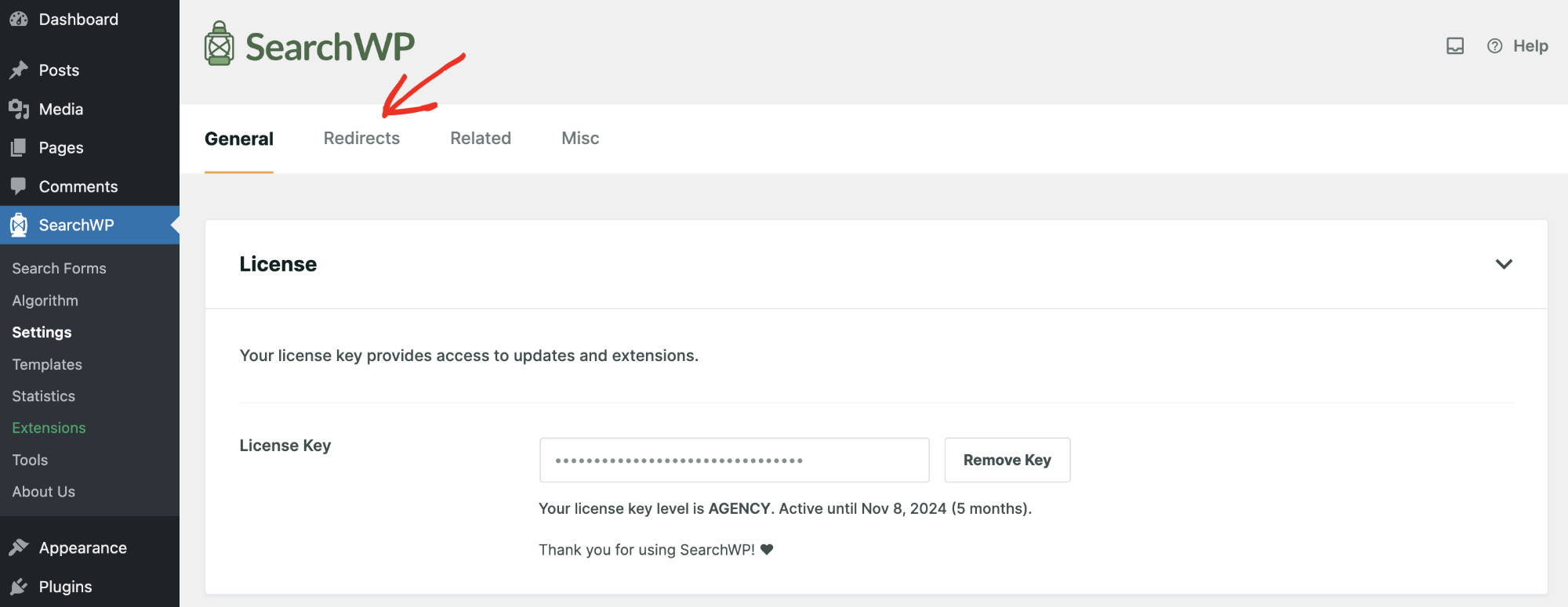 How to redirect search results in WordPress: Configuring Redirect with SearchWP Step 1