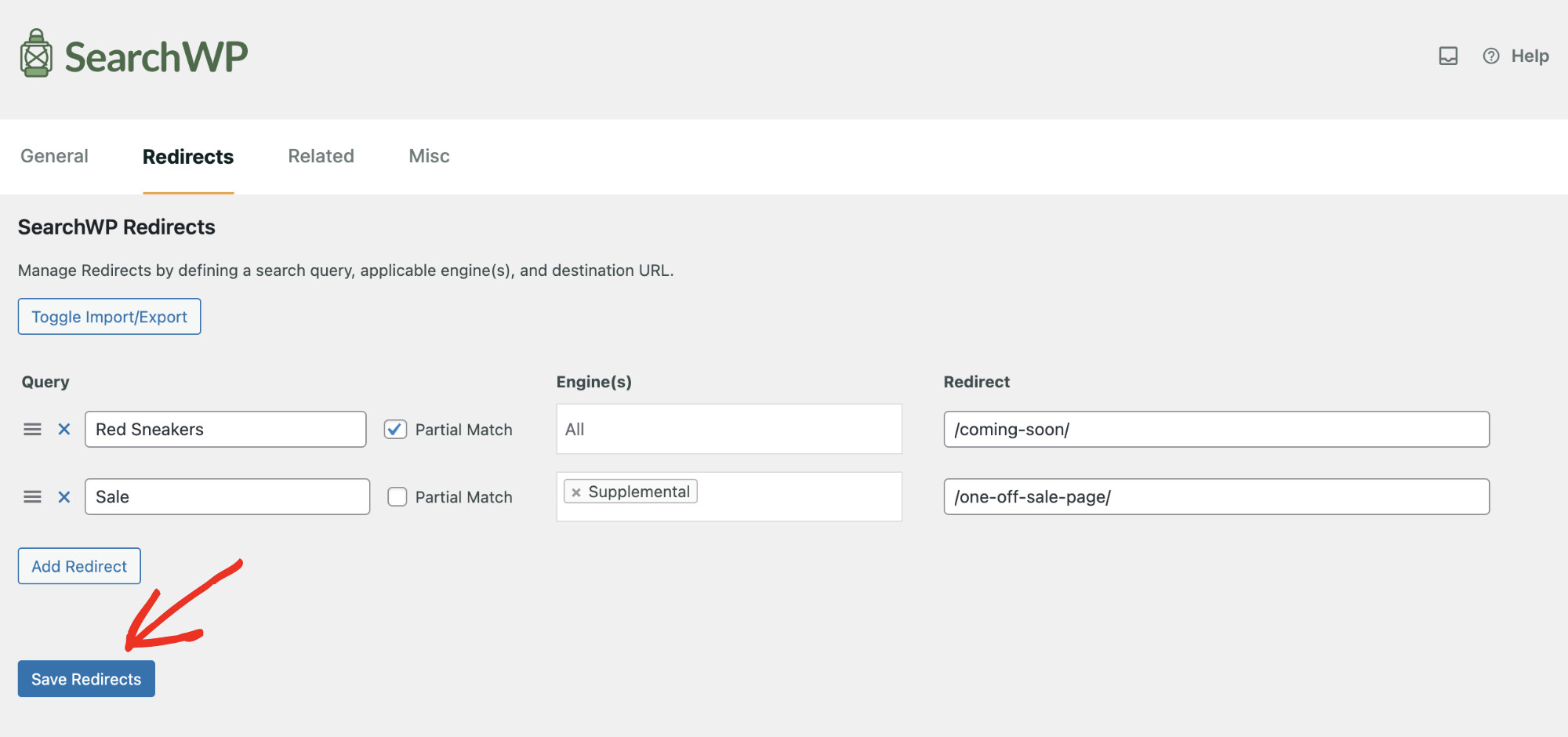 How to redirect search results in WordPress: Configuring Redirect with SearchWP Step 5
