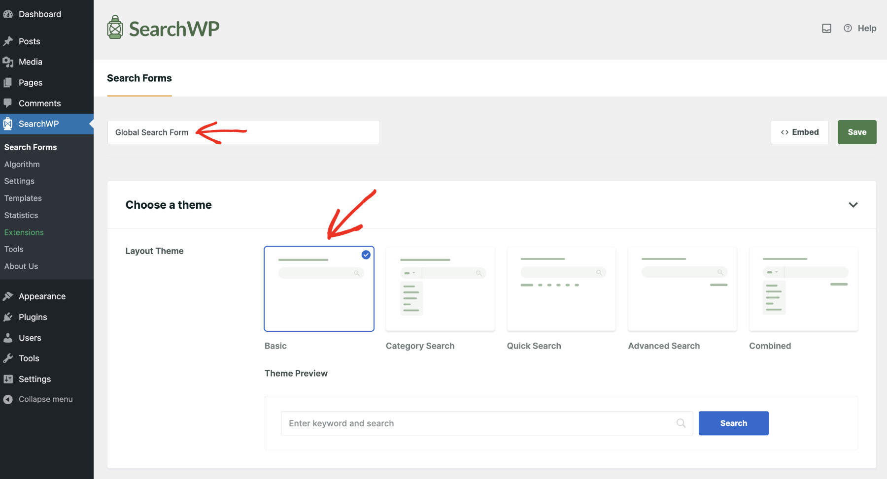 Screenshot - SearchWP How To Make Comments Searchable In WordPress: Create Search Form Step 2