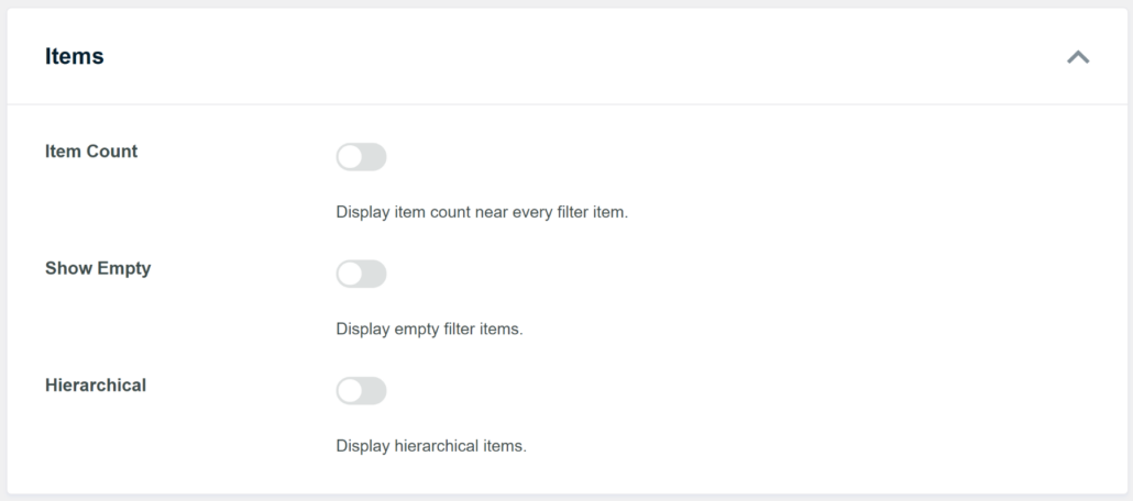 Edit items settings for filters