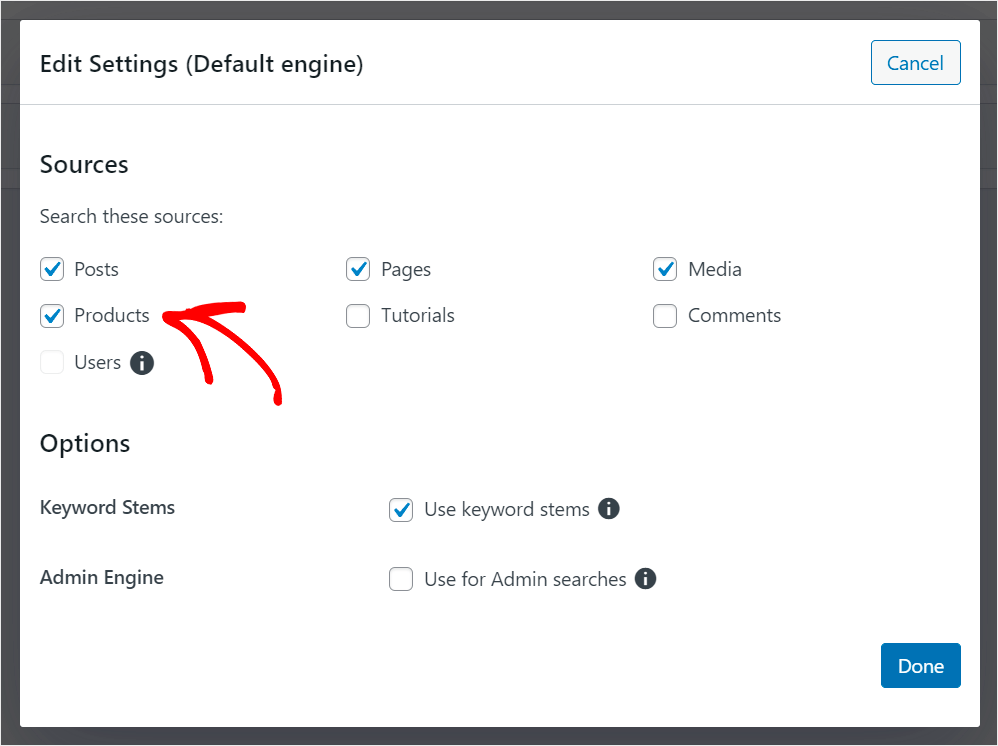 enable the Products search source