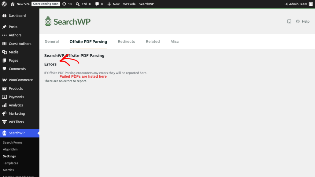 errors-screen - SearchWP WordPress admin dashboard: SearchWP Offsite PDF Parsing Errors page with a note 'Failed PDFs are listed here' in red.