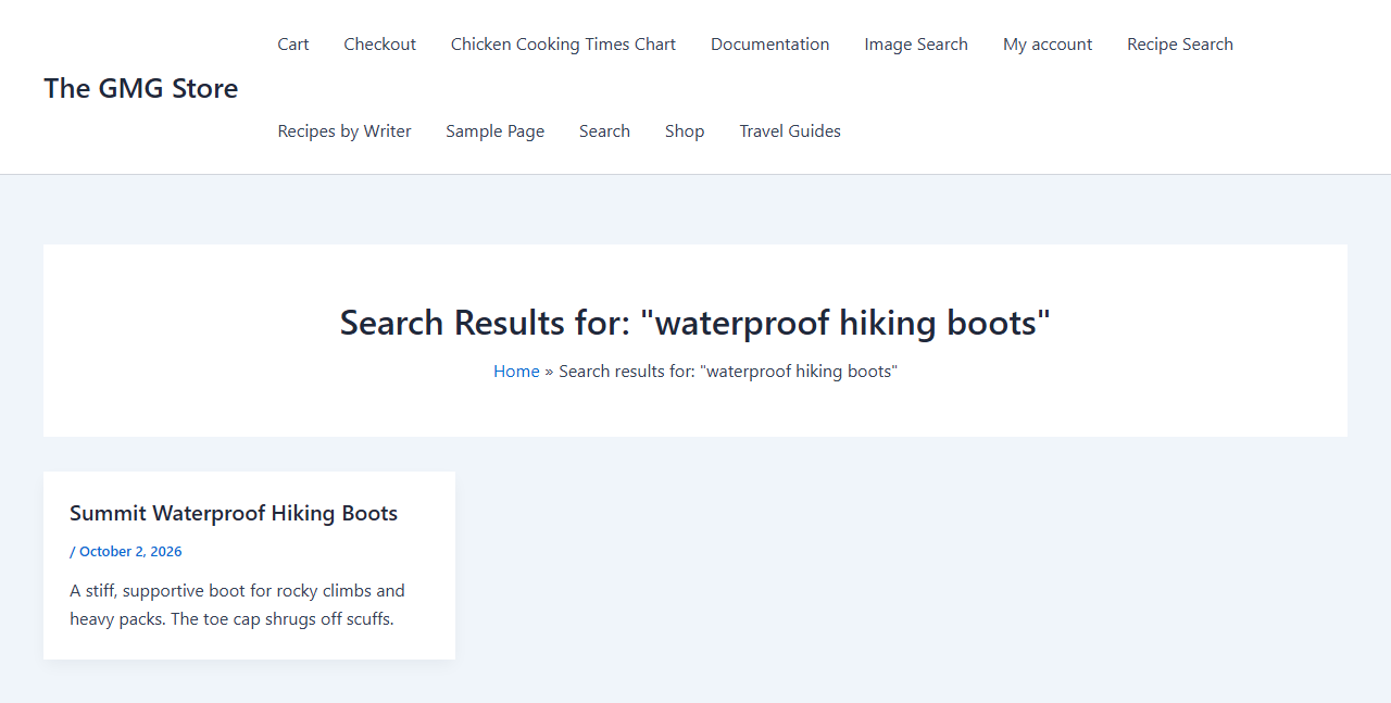 WordPress quoted search showing an exact match