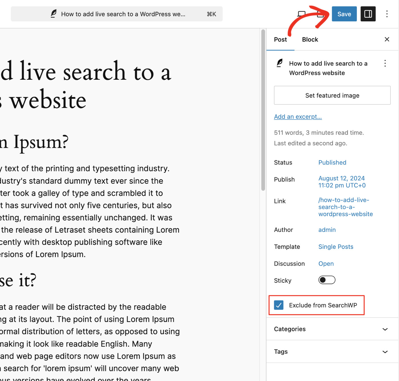 Check exclude from search checkbox - SearchWP How to Exclude Pages from Site Search Results in WordPress: Exclude Specific Post Step 3