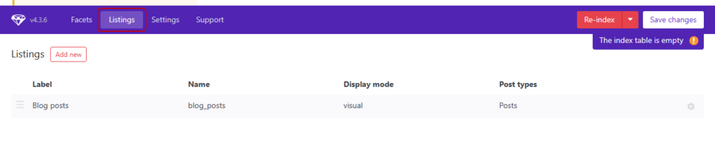 FacetWP Listings tab