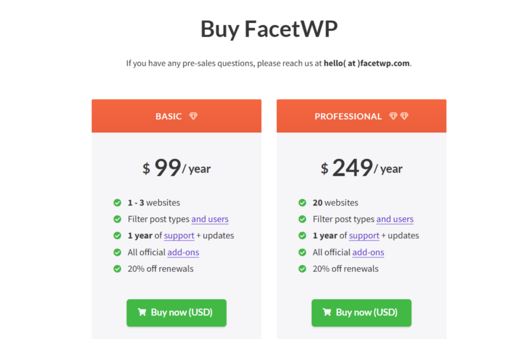 FacetWP pricing