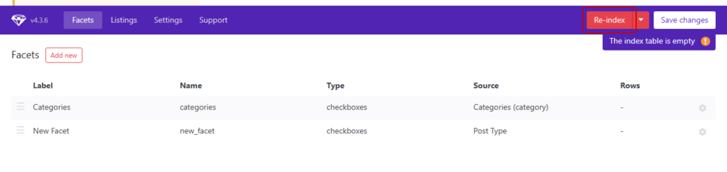 FacetWP reindex button