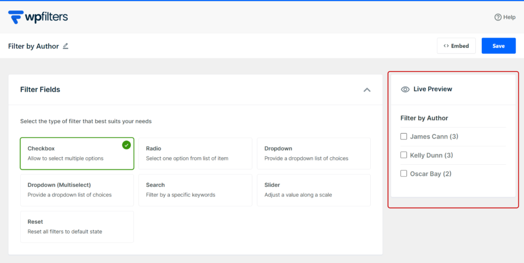 filter-posts-by-author-author-filter-live-preview - SearchWP author filter WordPress live preview