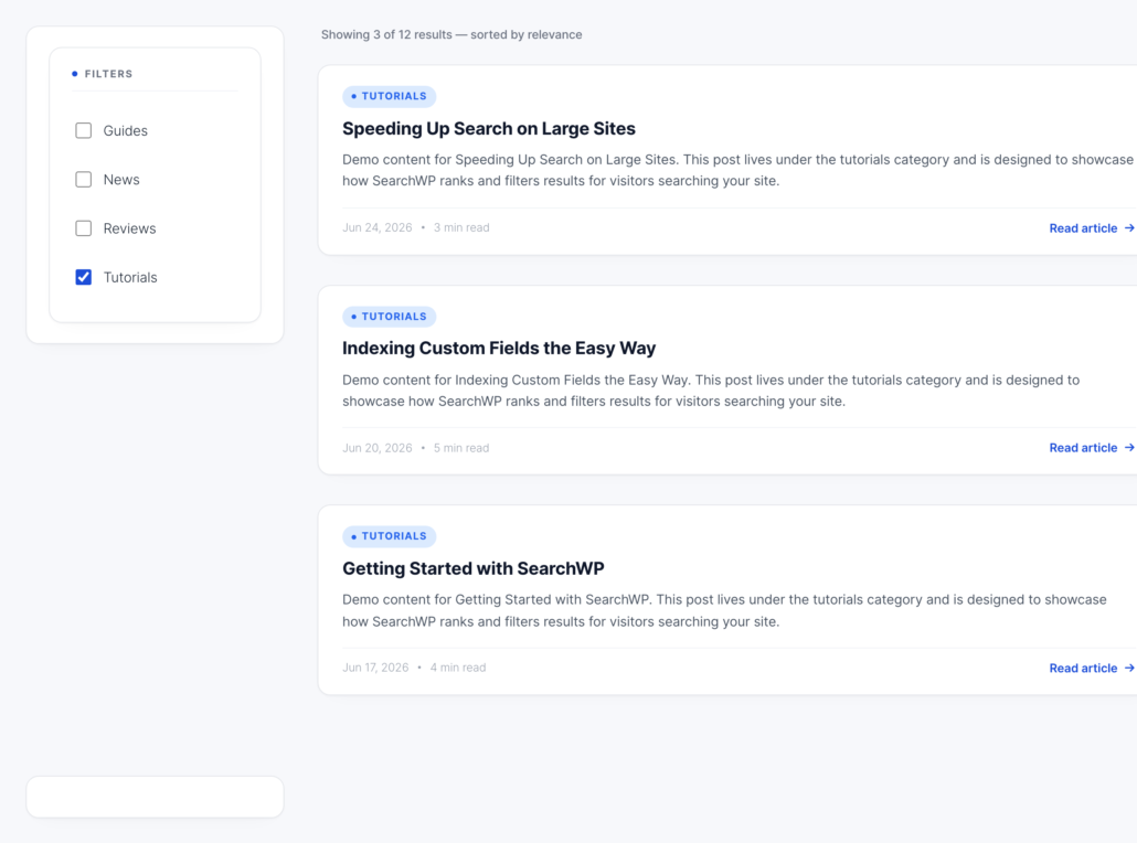 WordPress faceted search in action: filter elements in the left sidebar narrowing a list of SearchWP results