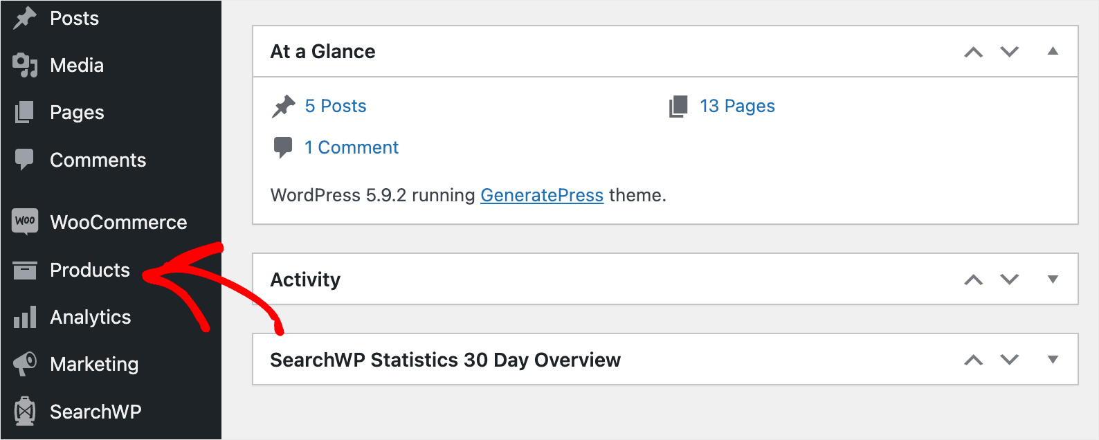 go over to the Products tab - SearchWP go over to the Products tab