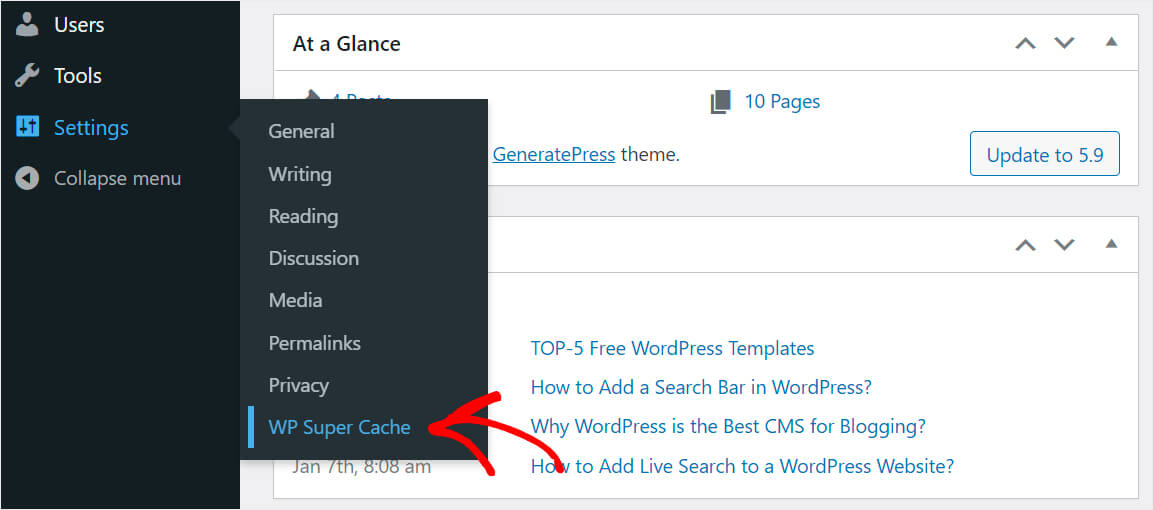 go to the wp super cache tab