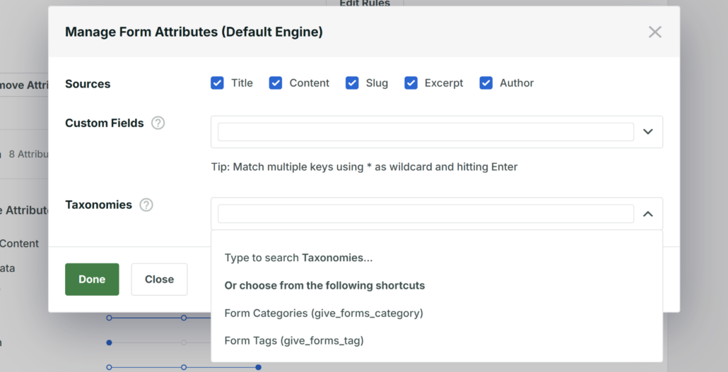 Include donation form categories and tags - SearchWP Include donation form categories and tags