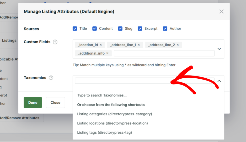 Include listing taxonomies - SearchWP Include listing taxonomies