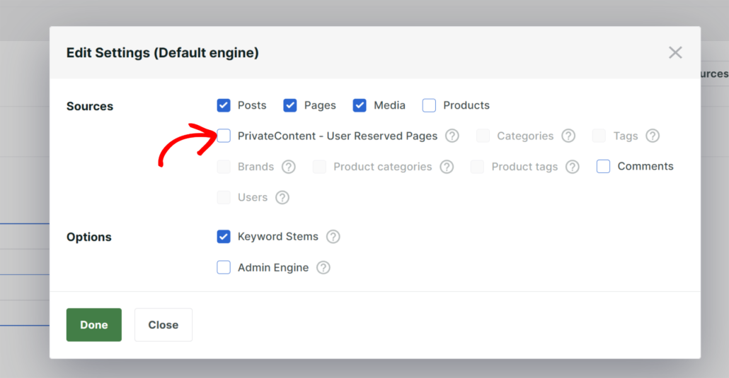 Index PrivateContent User Reserved Pages in search