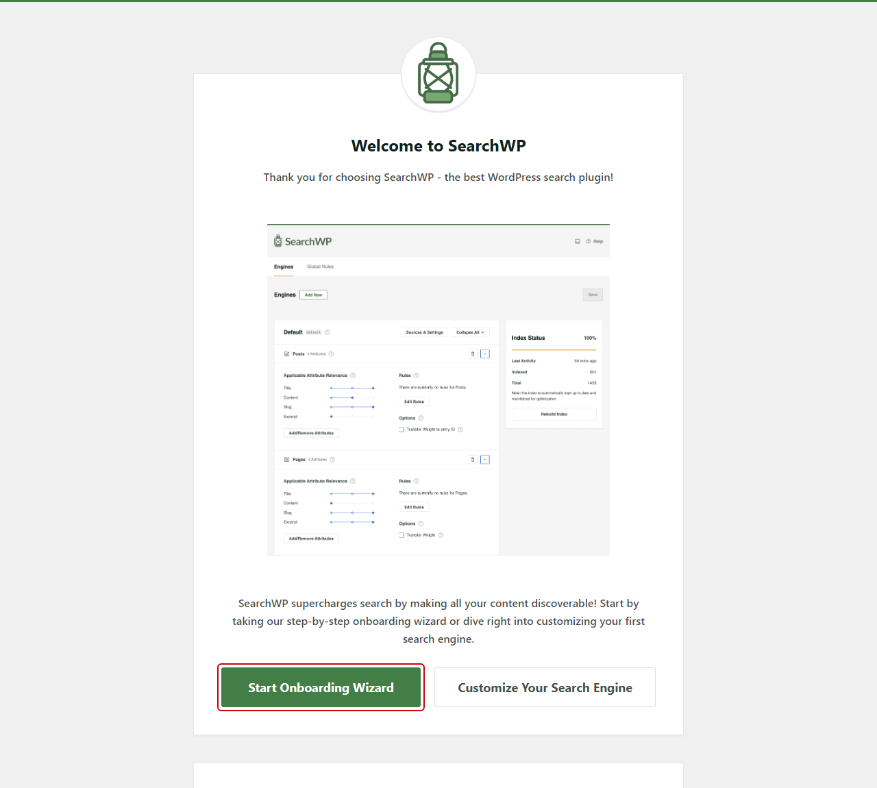 SearchWP onboarding wizard welcome screen - SearchWP SearchWP onboarding wizard welcome screen
