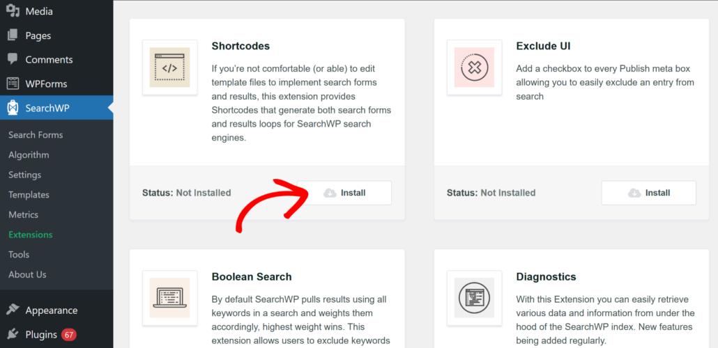 Install shortcodes extension - SearchWP Install shortcodes extension