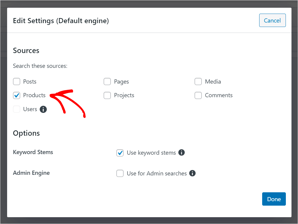 leave only Products search source active