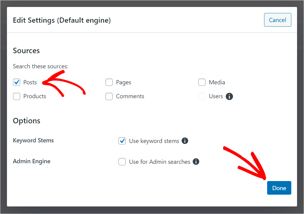 left only Posts search source active