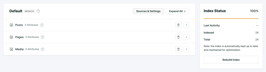 SEO index dashboard: left pane lists Posts, Pages, and Media with 5 attributes each; right rail shows Index Status at 100% with 24 indexed (out of 24) and a Rebuild Index button.