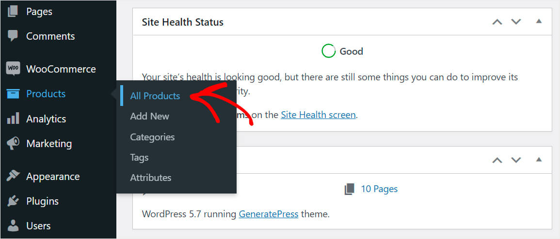 navigate to the products tab