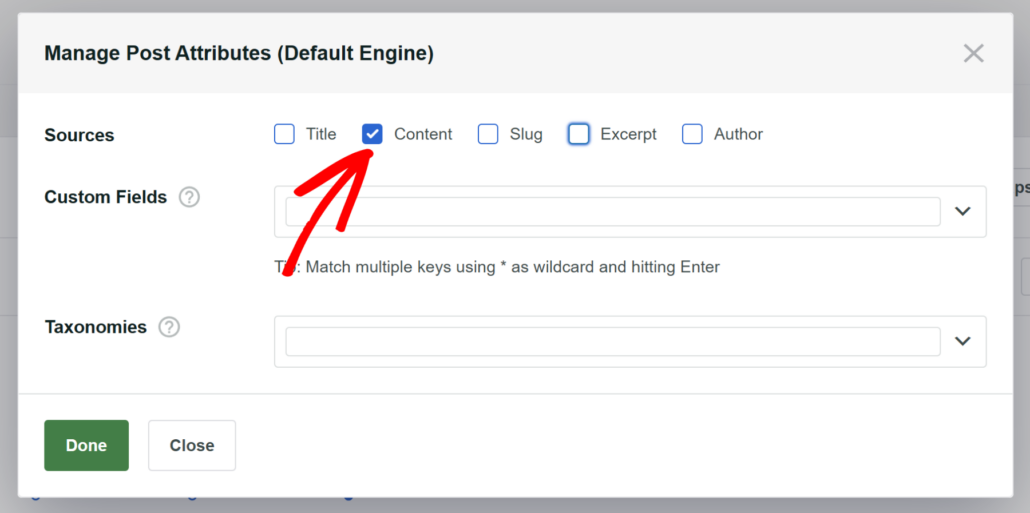 Only select content attribute - SearchWP Only select content attribute