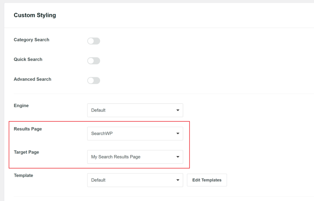 Point target page to results template