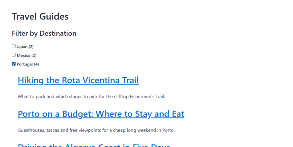 Travel Guides page with destination filters; Portugal selected, followed by blue linked article titles.