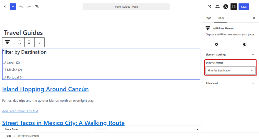 Filter by Destination panel with checkboxes for Japan, Mexico, and Portugal on the Travel Guides page