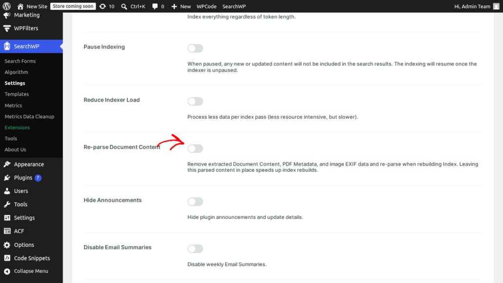 reparse-document-content - SearchWP WordPress admin: SearchWP Settings page with the 'Re-parse Document Content' toggle highlighted.