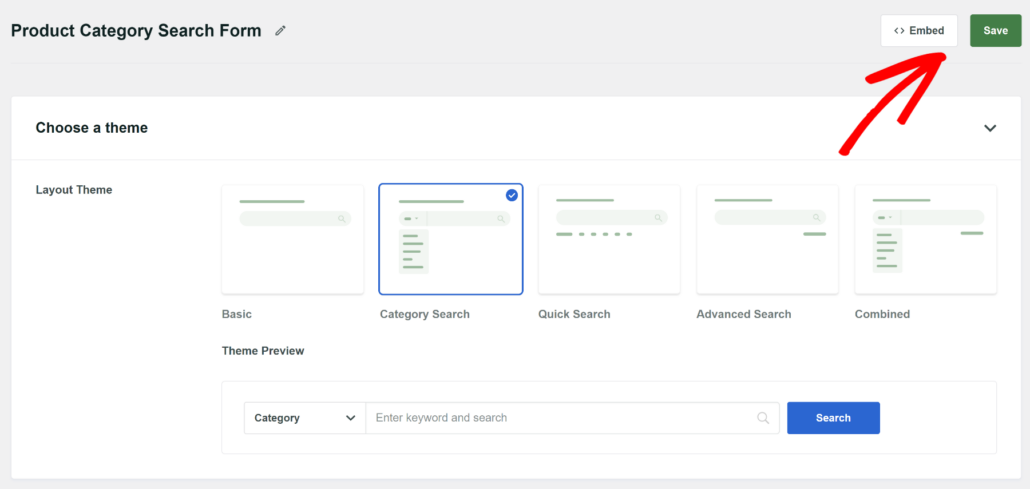 Save and embed category form