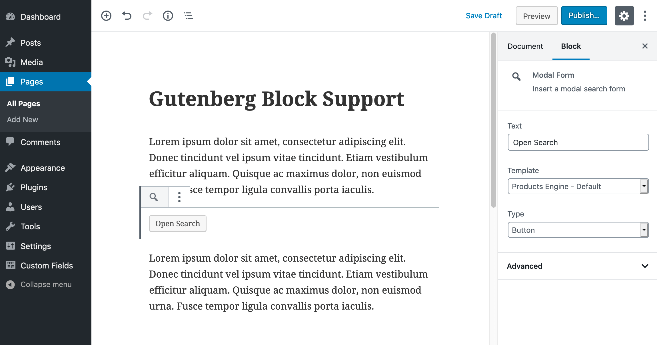 Screenshot of adding a modal search form as a Gutenberg block
