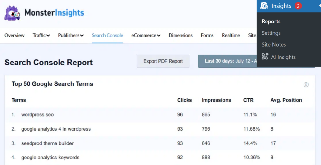 Search console report MonsterInsights - SearchWP Search console report MonsterInsights